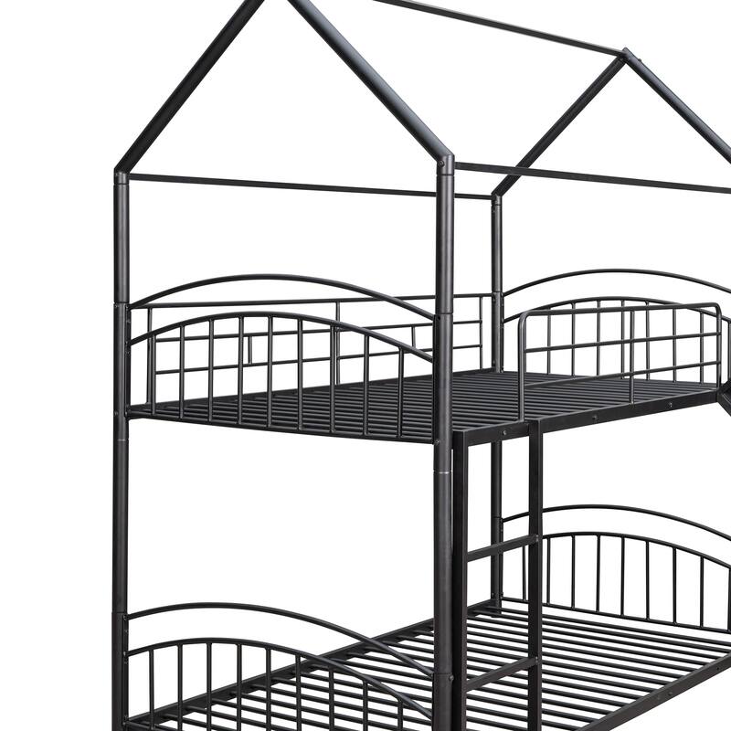 Black Twin over Twin Size Metal Bunk Bed With Slide, Roof, Fence and Ladder for Bedroom