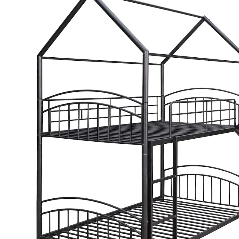 Kids House Bed, Twin Over Twin Metal Bunk Bed Convertible 2 Twin Beds