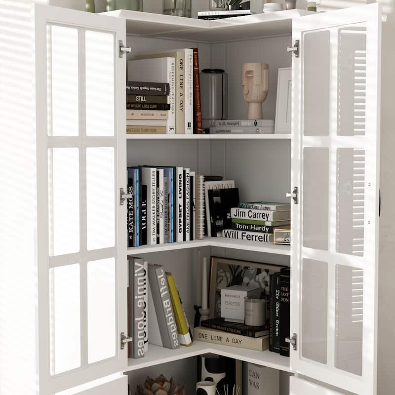 78.7"H Combo Buffet Sideboard White Curio Bookcase Cabinet Glass Door