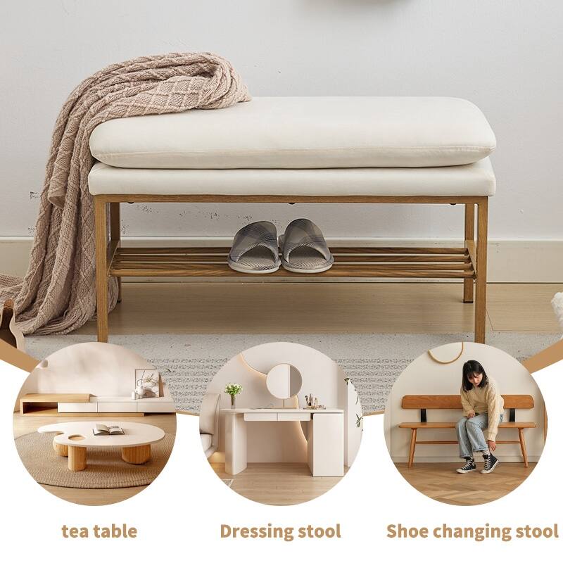 End of Bed Bench with Shelf, Linen Upholstered Storage Shoe Bench, Modern Bedroom Bench