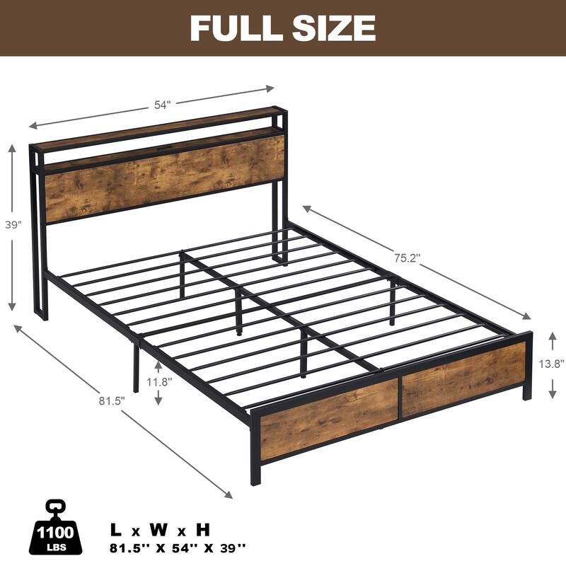 Noise Free Metal/Wood Platform Bed Frame with 2 USB Ports, Modern Industrial LED Lights Headboard Bed Frame with Shelf