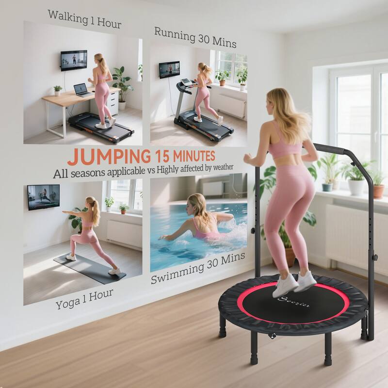 Soozier 40" Foldable Mini Trampoline, for Adults with Adjustable Foam Handle and Resistance Bands, Max Load 330 lbs, Red