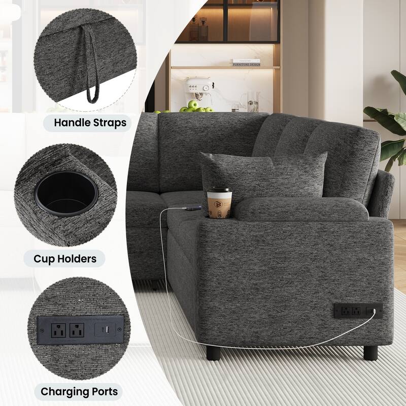 U-Shaped Chenille Sectional Sofa with Storage Chaise Lounge, Convertible Sleeper Sofa Bed with Cup Holders & Charging Ports