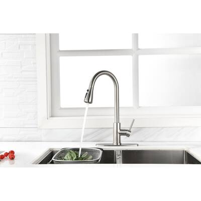 Modern Brushed Nickel Faucets Single Handle High Arc Pull Out Kitchen Faucet