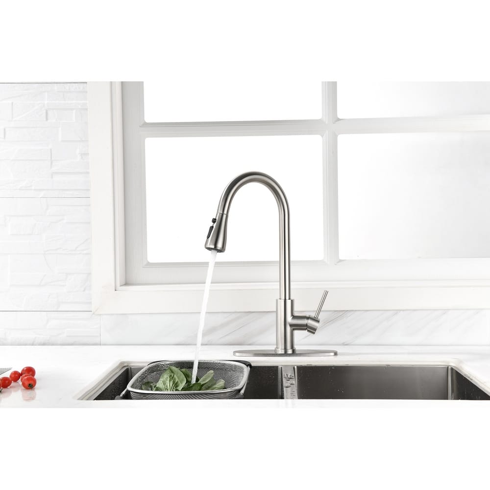 Modern Brushed Nickel Faucets Single Handle High Arc Pull Out Kitchen Faucet