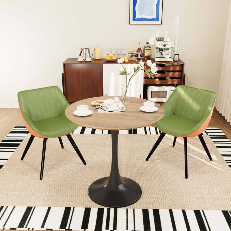 31.5 " MDF round dining table, tulip dining table, and 2 artificial leather decorative chairs with black metal legs