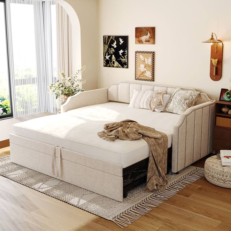 Twin Size Upholstered Daybed with Pop-Up Trundle & USB Charging Ports - Beige
