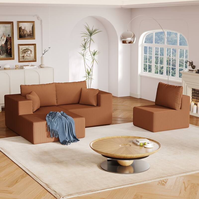 L Shaped Sectional Foam Sofa, Upholstered Corduroy Fabric Sofa, Modular Cloud Couch with Chaise Lounge & Removable Covers