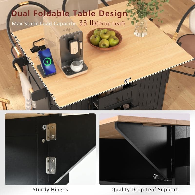 55.7" Rolling Kitchen Island with 2 Drop Leaf Power Outlet Spice Rack and 3 Drawers