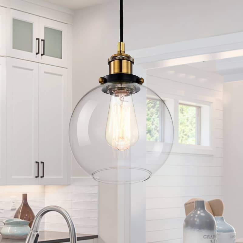 Black and Antique Brass 1-Light Mini Pendant with Clear Globe Glass Shade - Black and Antique Brass
