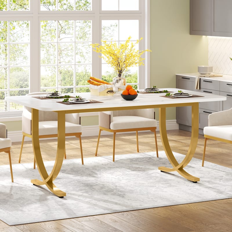 Rectangular Dining Table for 4 to 6, 63 Inch Modern Kitchen Table with Faux Marble Table Top and Metal Legs