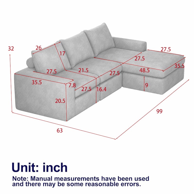 Roomfitters 99" L-Shaped Corduroy Upholstered Sectional Sofa, Modern 3-Seater Sectional Couch with Pillows, Living Room, Green