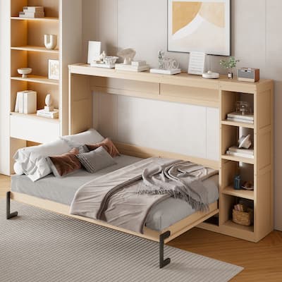 Full Size Murphy Bed with Side Storage Bookshelf, Multifunctional Hidden Foldable Wall Bed, Platform Bed for Bedroom