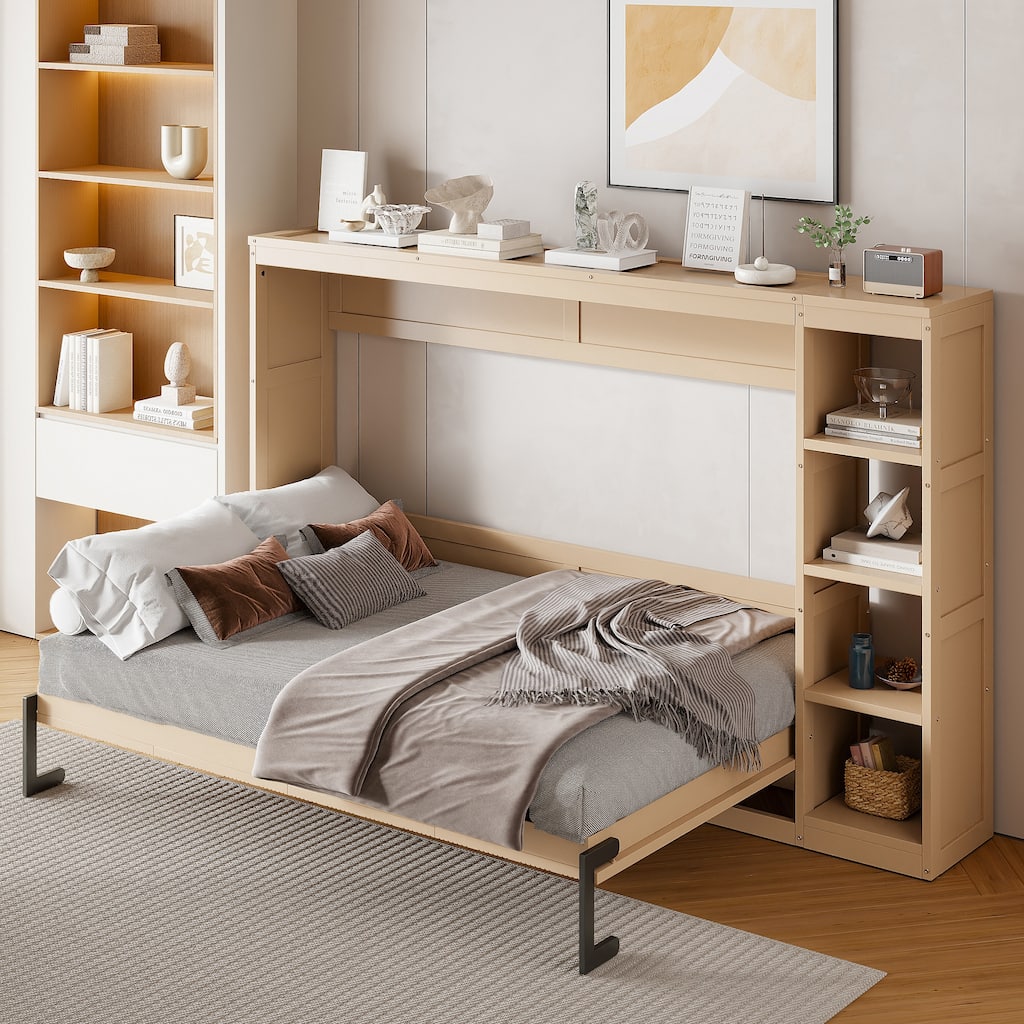 Full Size Murphy Bed with Side Storage Bookshelf, Multifunctional Hidden Foldable Wall Bed, Platform Bed for Bedroom