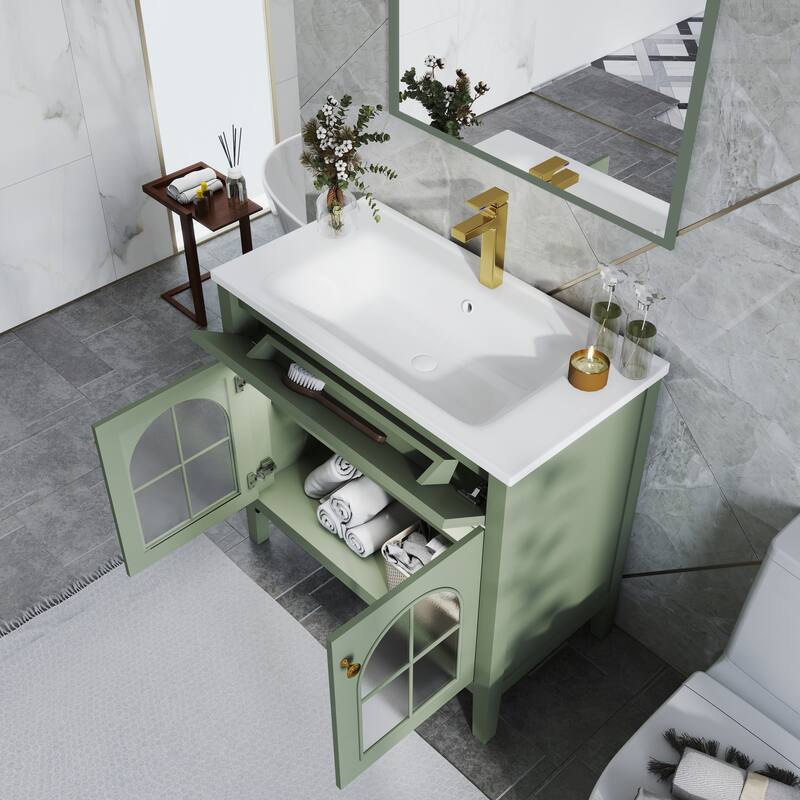 Modern Single Sink Bathroom Vanity Cabinet with Motion-sensor Light Strip & Patterned Glass, Ceramic Integrated Basin