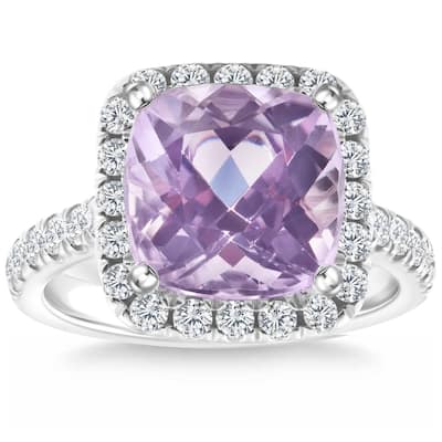 6 1/4Ct Cushion Pink Kunzite & Diamond Halo Ring Gold Lab Grown