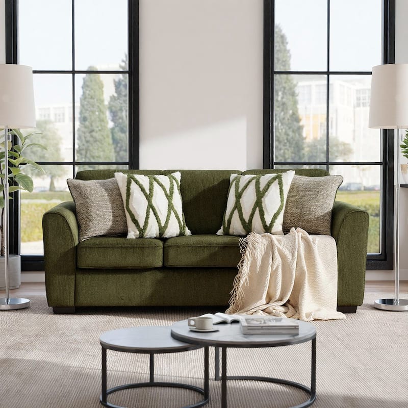 Roundhill Furniture Marvella Living Room Sofa and Loveseat Set with Mosswood Chenille Upholstery and Textured Accent Pillows