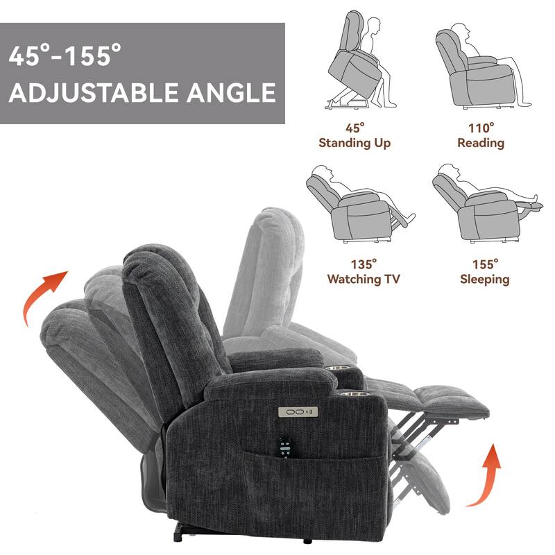 Grey Large Power Lift Recliner with Heat, USB & Cup Holders