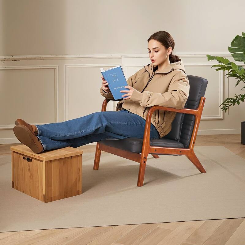 Modern Accent Chair with High Back, PU Leather Reading Armchair with Waist Cushion, Upholstered Wood Frame Living Room Chairs
