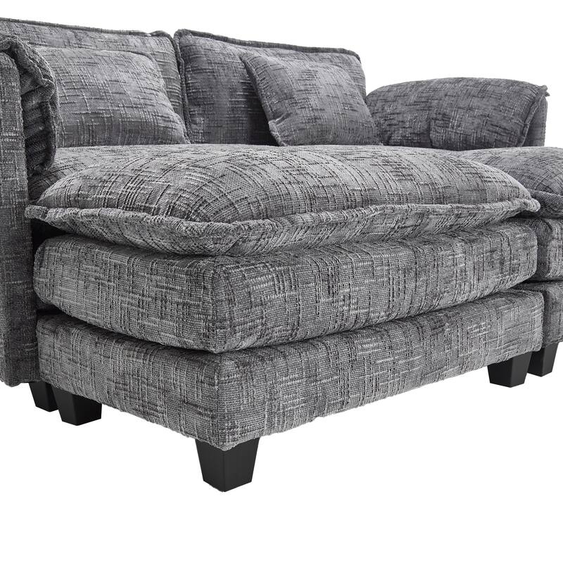 Chenille Sleeper Sofa Bed Deep Seat Loveseat Sectional Couch with Ottomans Chaise Lounge, Detachable Armrests and Side Pockets