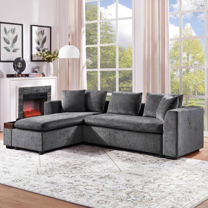 L-Shaped Sectional Sofa with Chaise Lounge, Chenille Upholstered Sleeper Couch with Wooden Storage Compartment & Throw Pillows