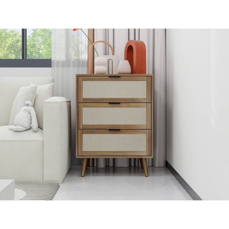 Modern Natural Rattan Shoe Rack Storage Cabinet for Entryway -  Walnut-1