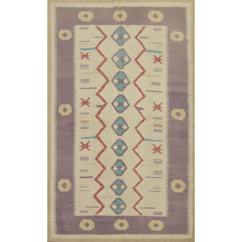 Hand Woven Oriental 100% Wool Carpet Southwestern Tribal Beige & Ivories Kilim Area Rug - 7' 10'' X 4' 10''
