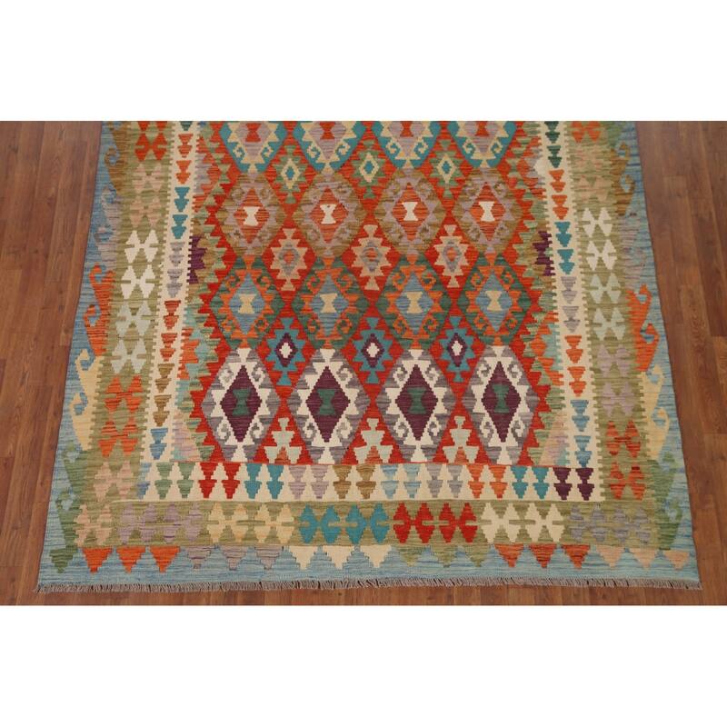 Hand Woven Oriental 100% Wool Carpet Southwestern Geometric Multi-Colored Kilim Area Rug - 9' 8'' X 6' 7''