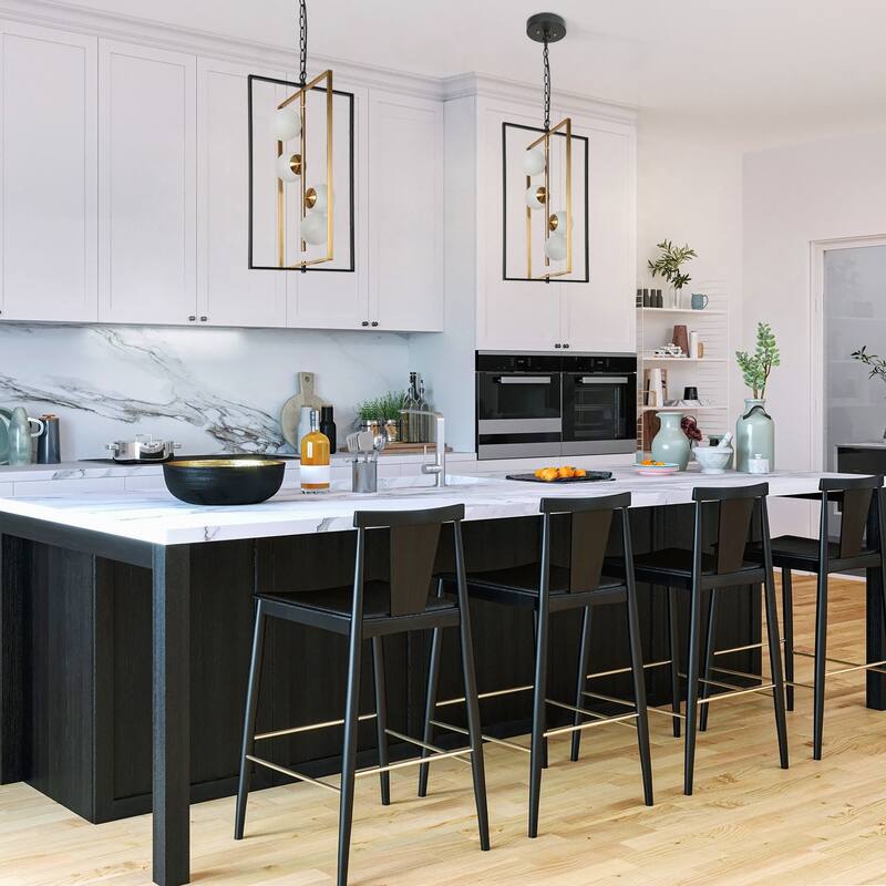 Icey Modern Black Gold LED Chandelier 4-Light Geometric Pendant Lights for Dining Room - 14.5" L x 13" W x 25.5" H