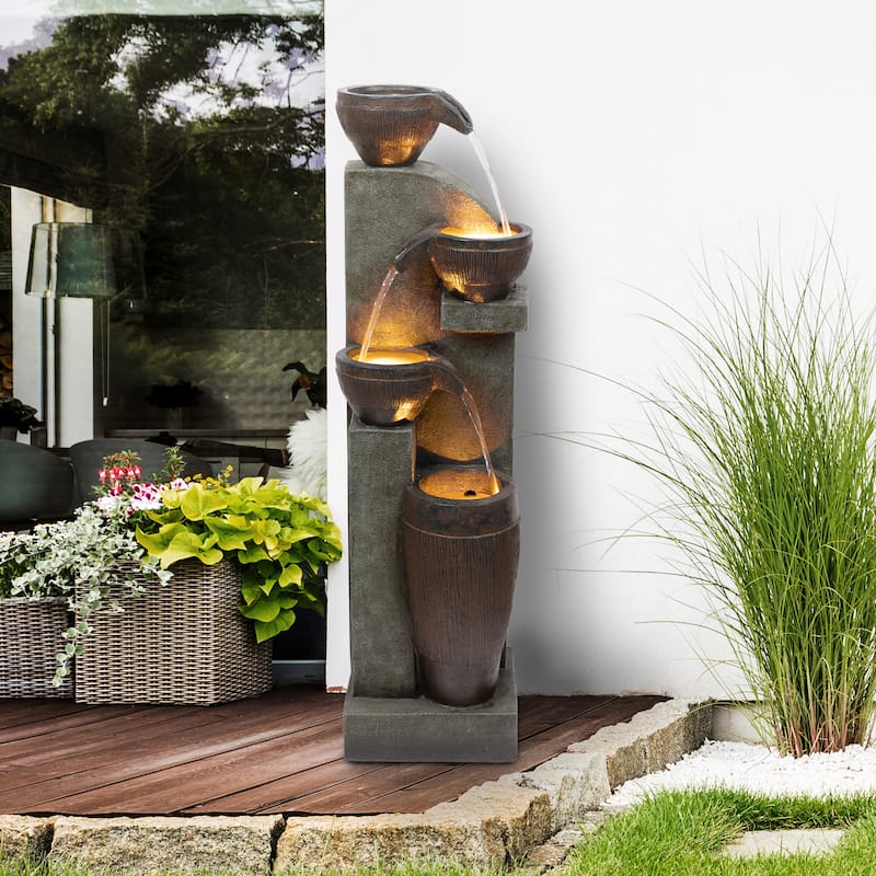 4-Tier Cascading Pot and Bowl Fountain w/ Warm White LED