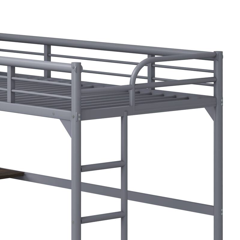 Silver Twin Size Metal Loft Bed with Desk, Ladder, and Guardrails