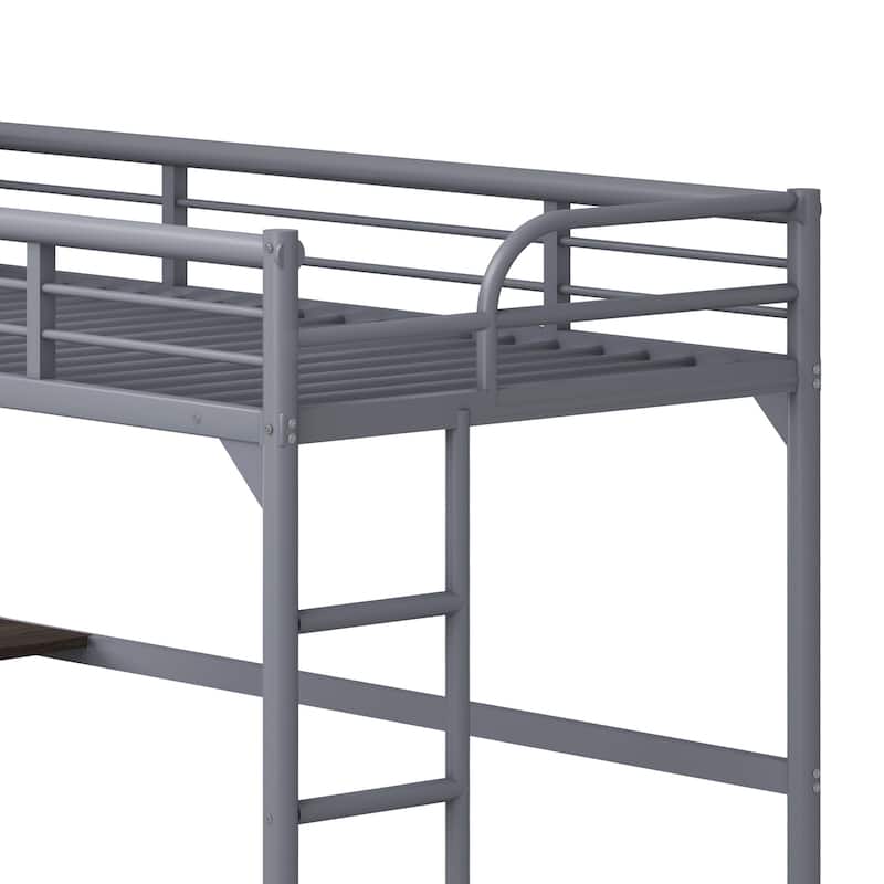 Twin Size Metal Loft Bed with Integrated Desk, Ladder, and Safety Guardrails, Black/Silver