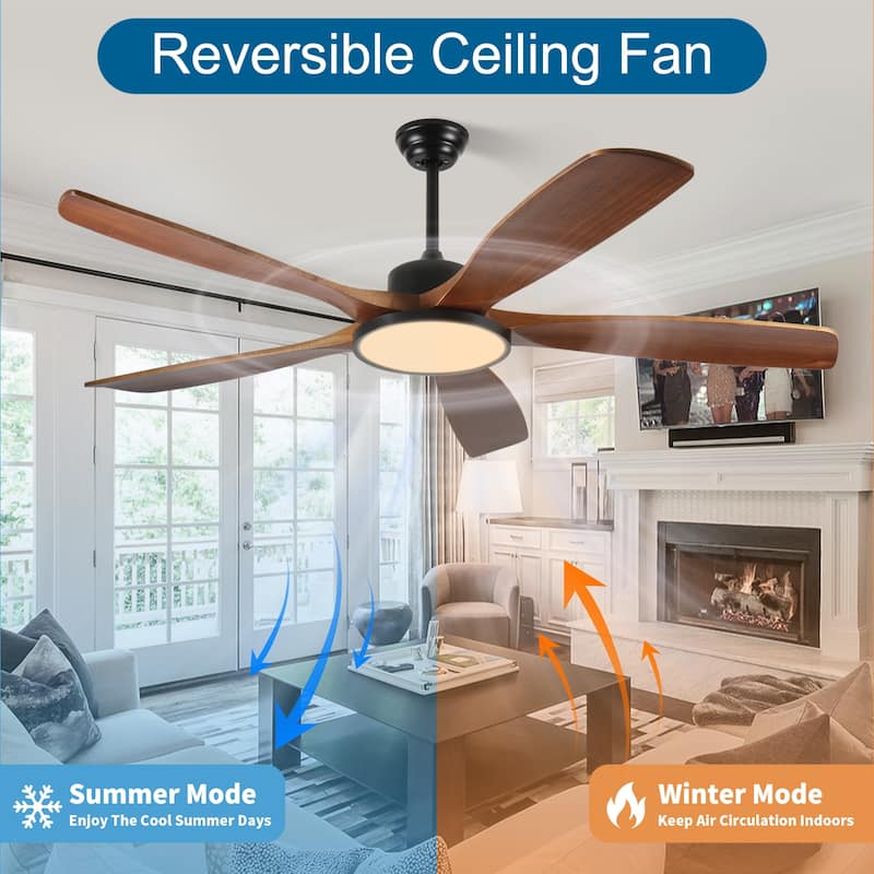 62-inch Large Outdoor Ceiling Fan with Remote Control and Light with Three-Color Dimming, 5 Reversible Wooden Blades