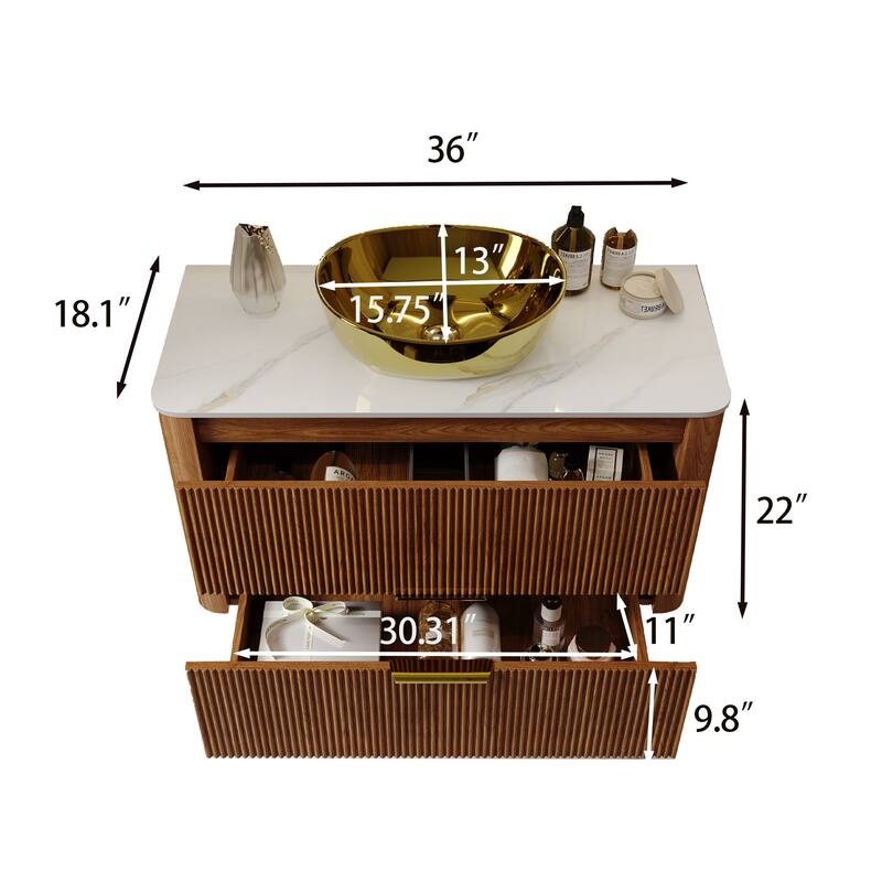 36" Luxury Floating Bathroom Vanities with Gold Single Sink, Brown Wood Cabinets with 2 Drawers