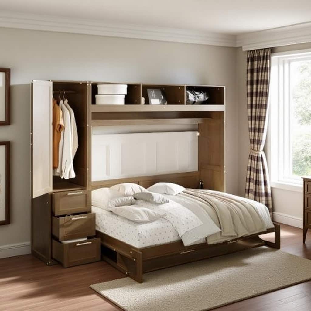 Full Size Foldable Murphy Bed with Built-In Wardrobe, Shelves, Desk Shelf & Storage Drawers, Space-Saving Wall Bed Frame