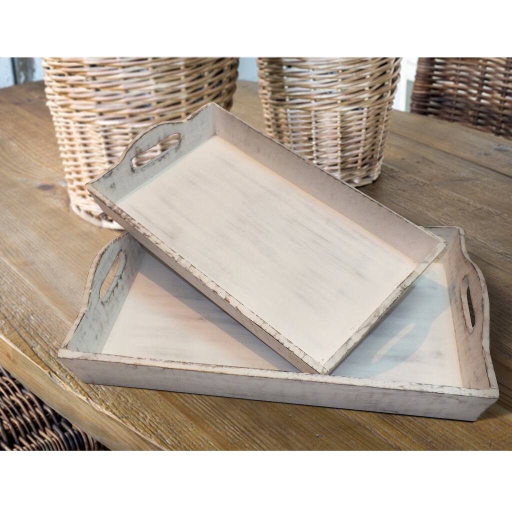 Benzara Distressed Wooden Serving Trays With Handles, Set Of 2, White