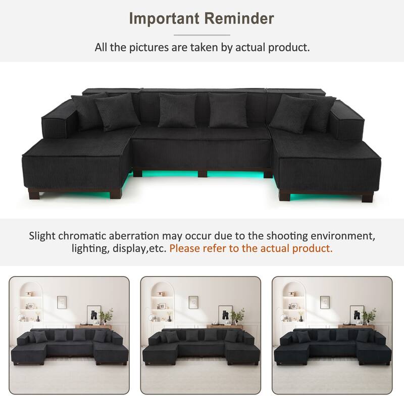 Roomfitters 130 Inch Modern U-Shaped Sectional Sofa with RGB LED Lights and 6 Pillows, Corduroy