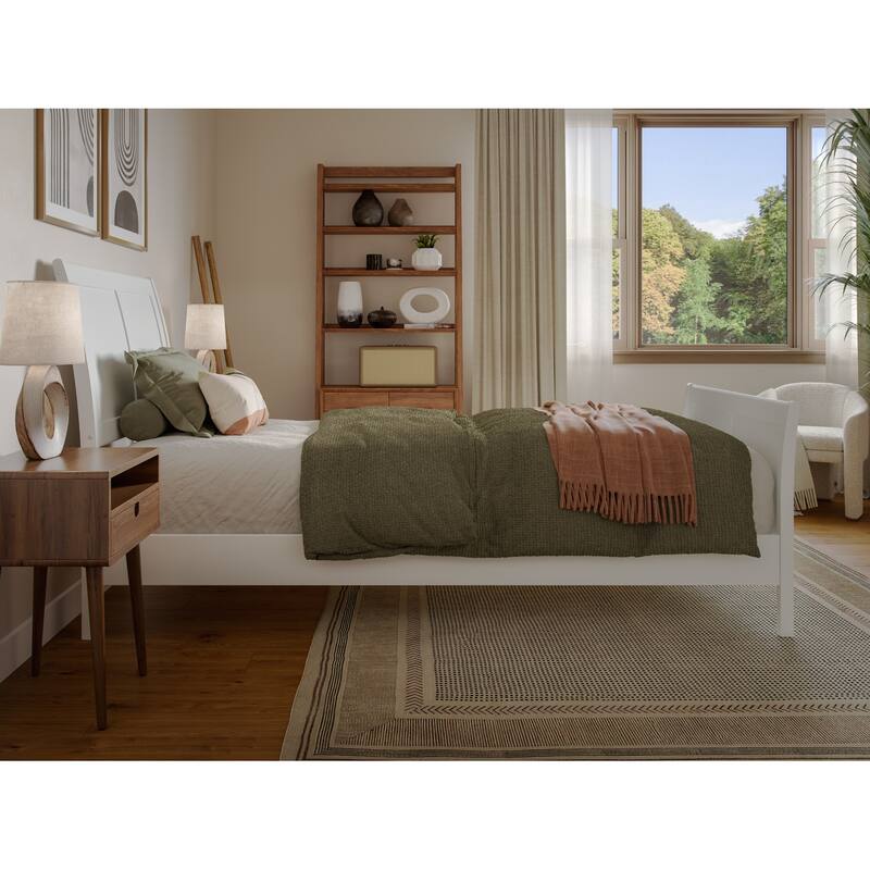 Twin XL Platform Bed Wood Sleigh Low Profile Bed Frame with Footboard - White Finish