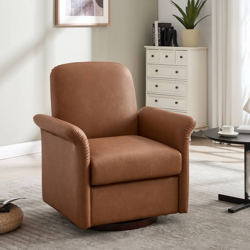 22 Inch Seat Wide Faux Leather Swivel Accent Chair with Wood Base