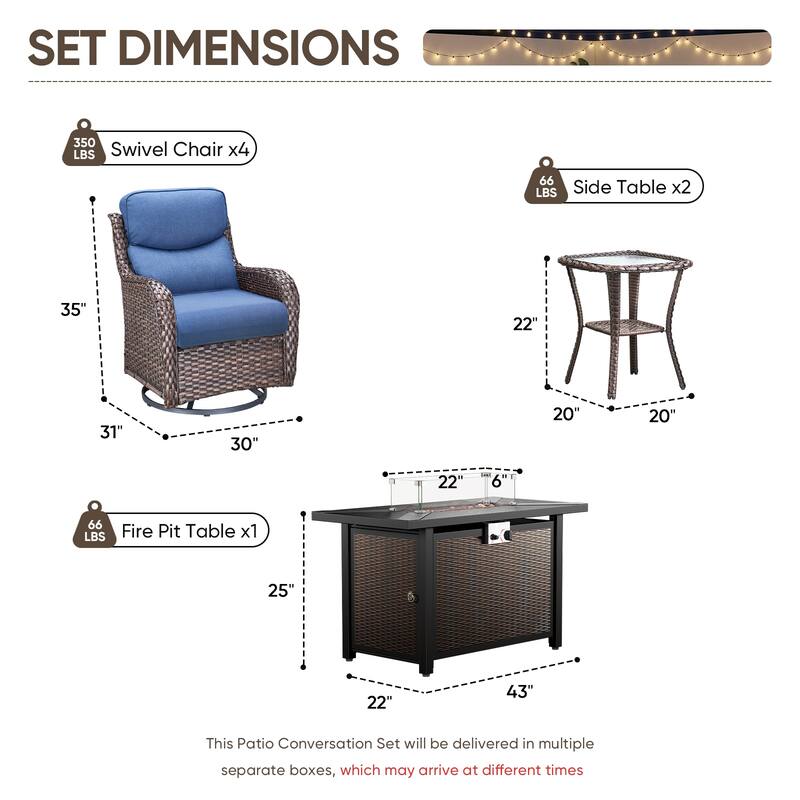 Pocassy Patio Sofa Swivel Chair Set with 43" Fire Pit Table