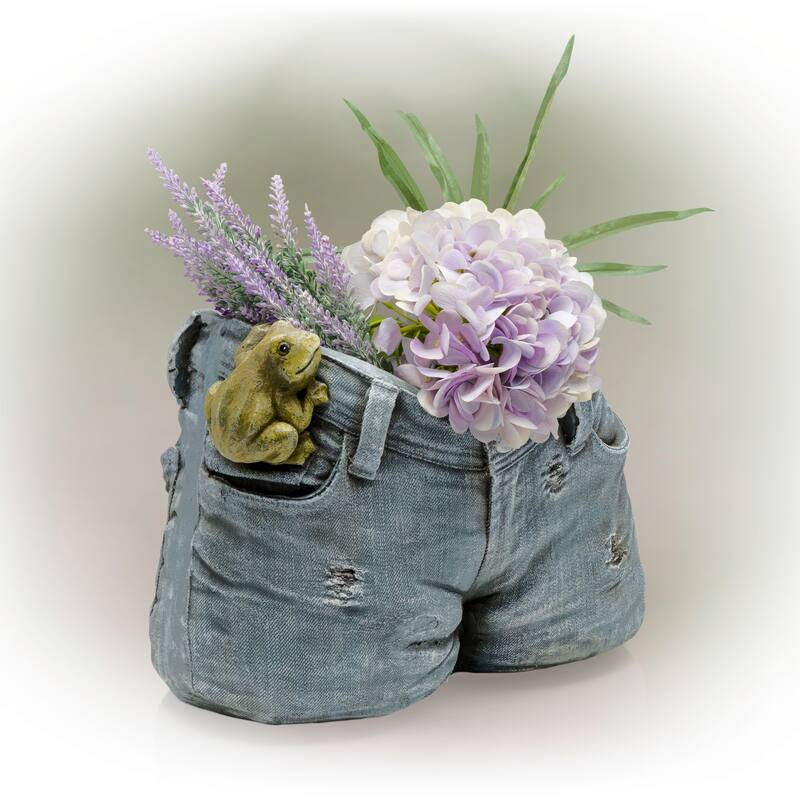 Alpine Corporation 10" Tall Indoor/Outdoor Denim Shorts with Frog Shaped Planter and Yard Decoration - 14"L x 11"W x 10"H