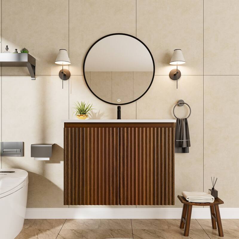 30 inch Walnut Folding Wall Cabinet With Creamic Sink- Patented 1-Minute Install, Space-Saving & Easy Assemble