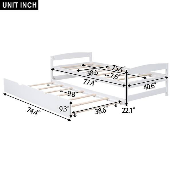 dimension image slide 0 of 2, Twin Size Platform Bed with Twin Size Trundle, Solid Pine Wood + MDF Construction, Includes Headboard, Footboard, Grey