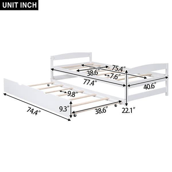 dimension image slide 1 of 2, Twin Size Solid Pine Platform Kids Bed Frame with Twin Size Trundle, White