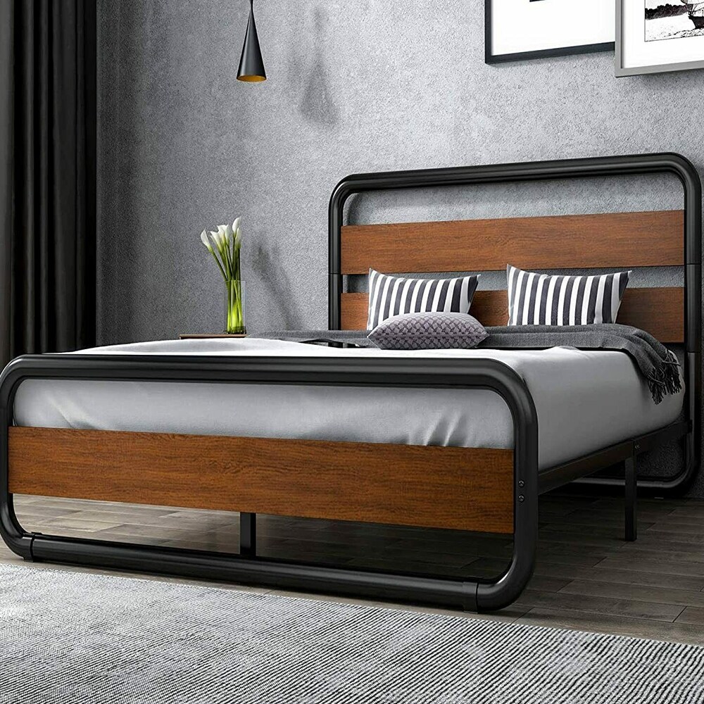 King Size Metal Bed Frame with Wooden Headboard Footboard