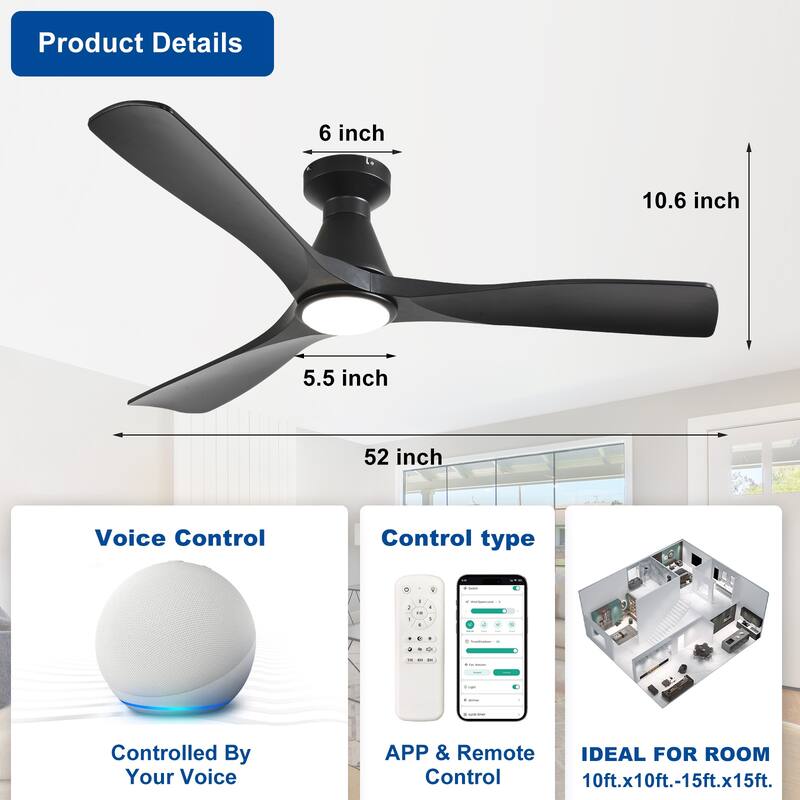 Ceiling Fans with Lights and APP: Flush Mount Low Profile Ceiling Fan for Bedroom - Dimmable Indoor Outdoor Fan