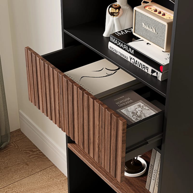 85.8'' Tall Bookcase with Movable Footstool and Open Shelves Storage Drawers