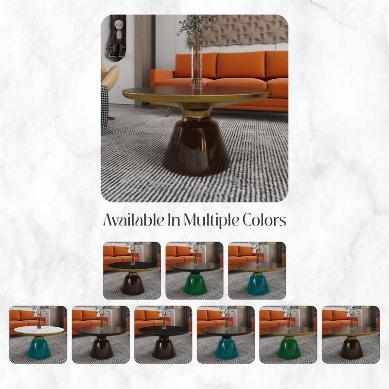 30-Inch Round Coffee Table Glass/Stone Tabletop with Gold Iron Rim Frame Glass Pedestal Base