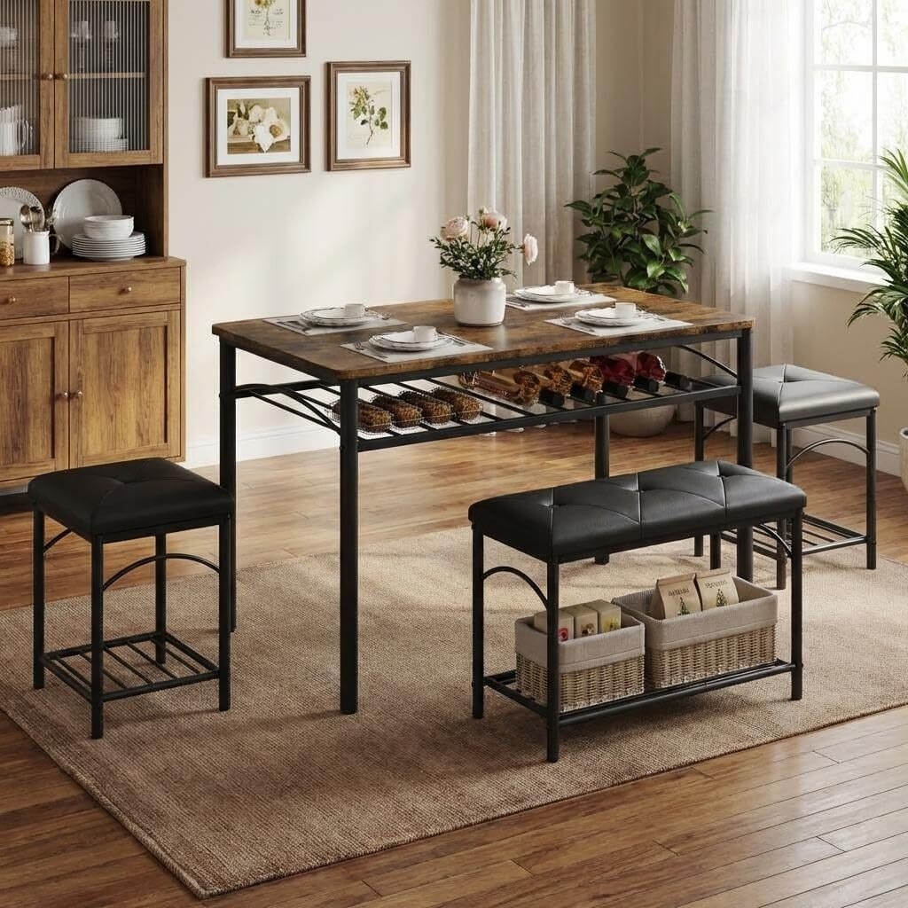 Kitchen Dining Table Set for 4 with Upholstered 1 Benches and 2 Stools