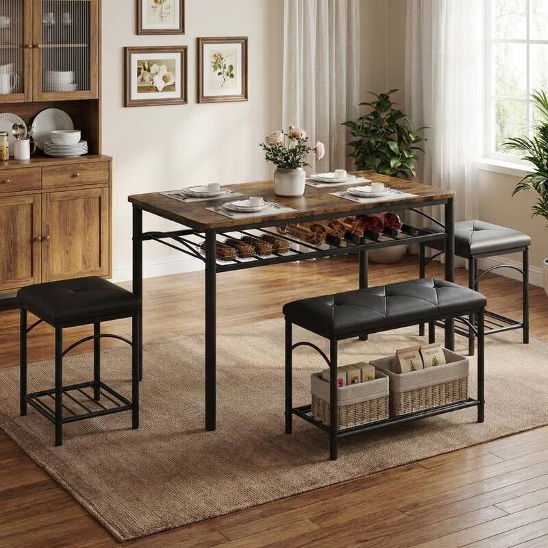 Kitchen Dining Table Set for 4 with Upholstered 1 Benches and 2 Stools - Brown